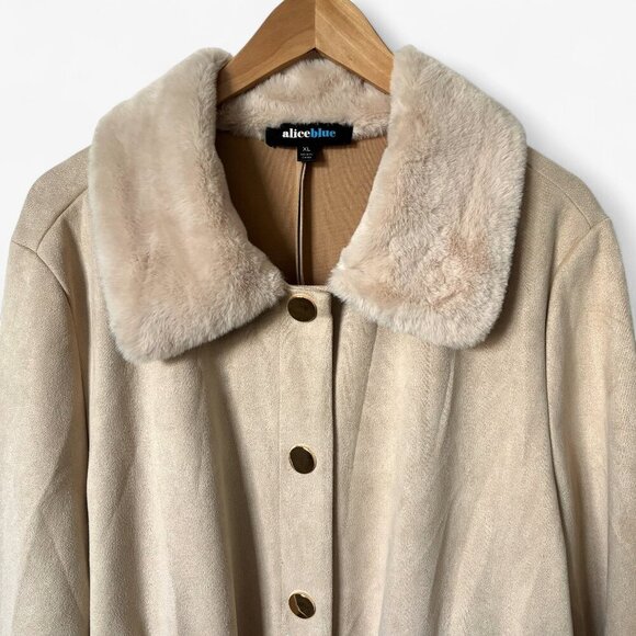 Alice Blue Faux Suede Beige Long Coat with Faux Fur Collar and Belt Womens XL - Picture 5 of 14